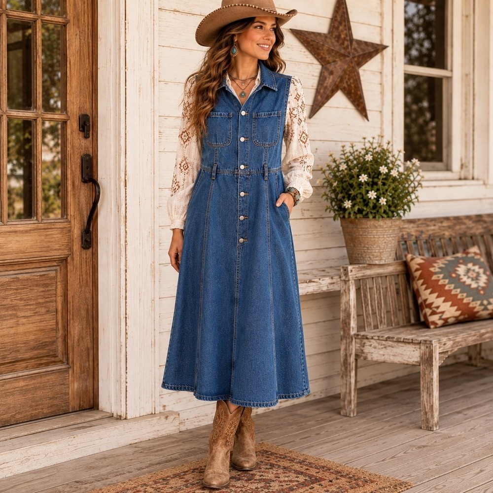 Dazy Womens Denim Midi Jumper Dress MEDIUM Western Chic Country Cowgirl Concert